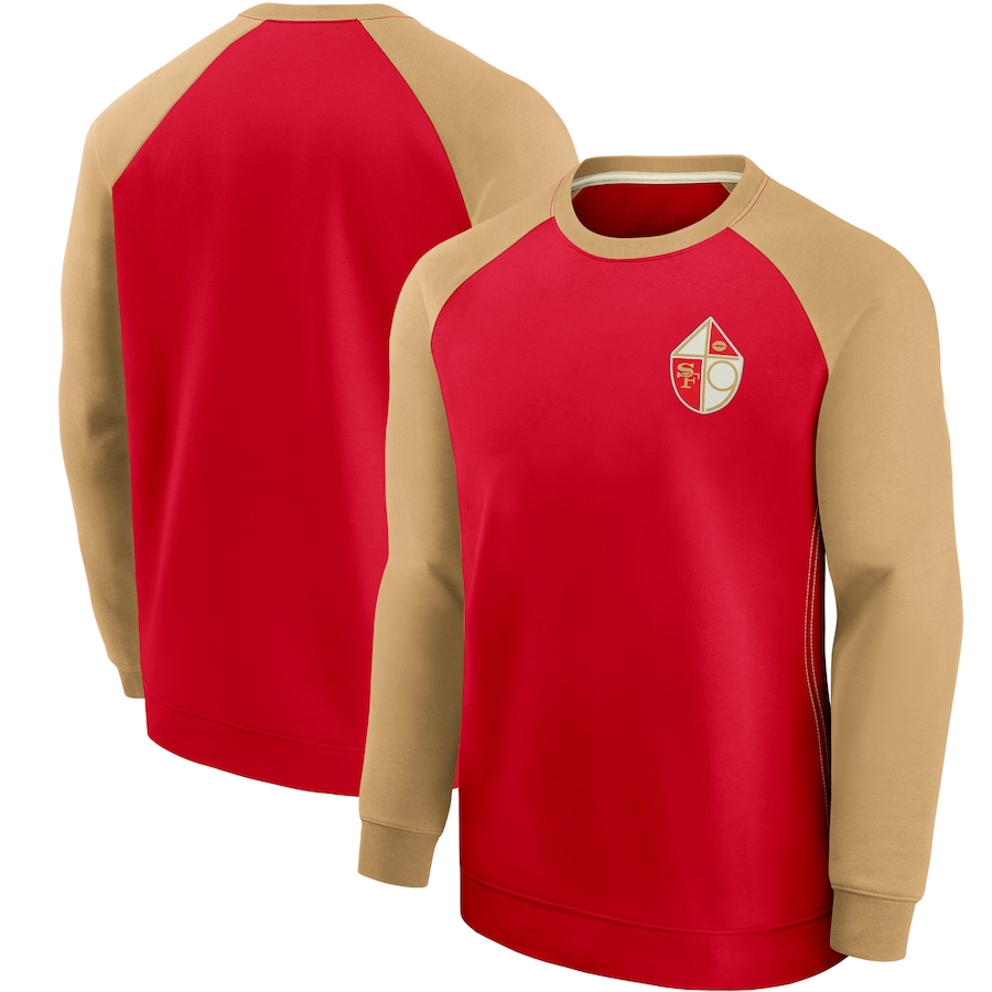 Men's San Francisco 49ers Scarlet/Gold Historic Raglan Crew Performance Sweater Men's San Francisco 49ers Scarlet/Gold Historic Raglan Crew Performance Sweater